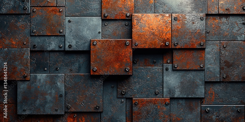 Poster this abstract scene features metal textures that form a layered industrial background, incorporating