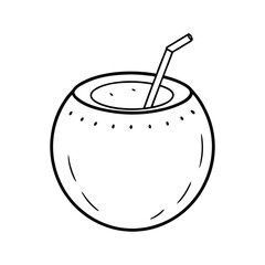 Line art design vector illustration of a coconut with a straw poking out from a small hole.eps