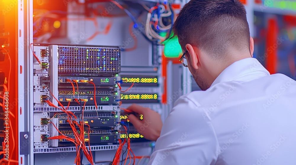 Aufkleber it technician working on server rack data center network maintenance