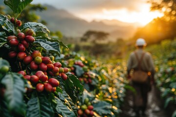 Coffee Harvesting in Lush South American Plantation at Golden Hour