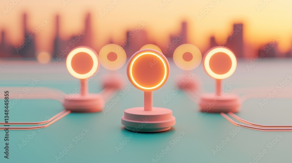 Poster abstract objects with soft glow in futuristic cityscape