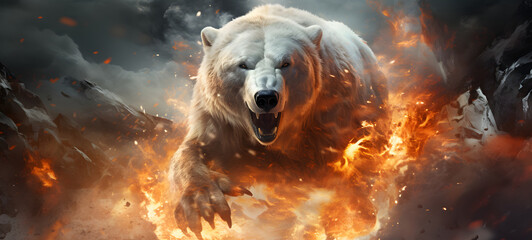 epic snow bear phoenix battle ice fire, ai generative