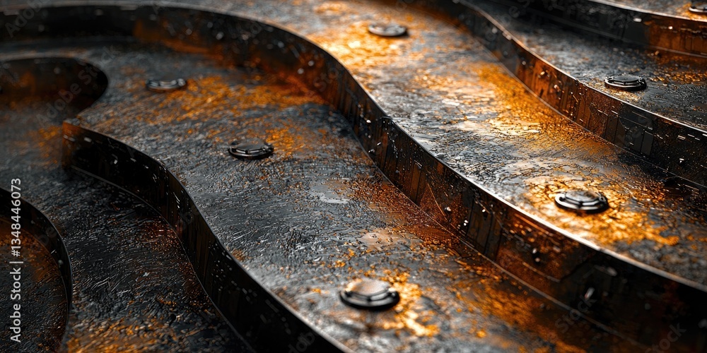 Poster this abstract scene features metal textures that form a layered industrial background, incorporating