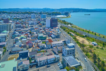 春の島根県松江市の街並み(袖師町,魚町,灘町など)や宍道湖、嫁ヶ島を俯瞰
