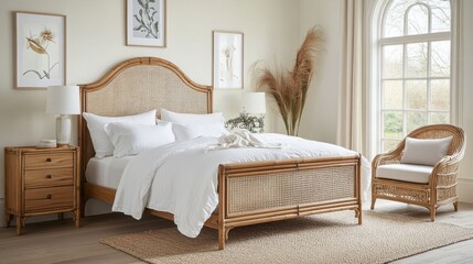 Bright, airy bedroom with rattan furniture and neutral tones