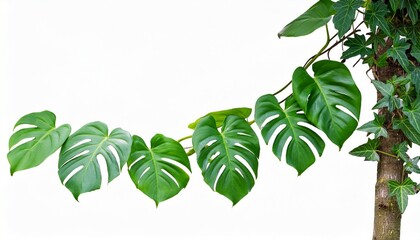 green leaves of native monstera epipremnum pinnatum liana plant growing in wild climbing on jungle tree tropical forest plant evergreen vines bush isolated on white background with clipping path