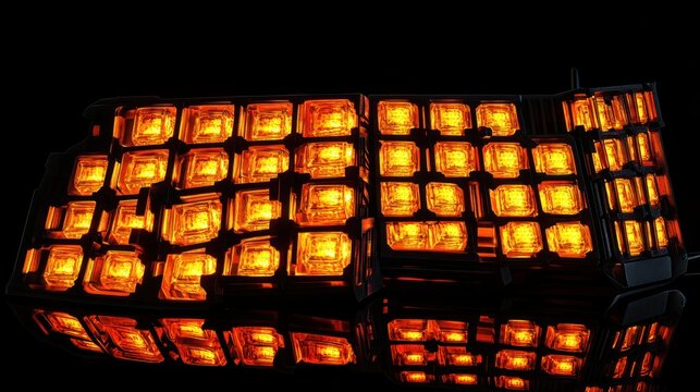 Illuminated grid array of bright orange square lights is depicted