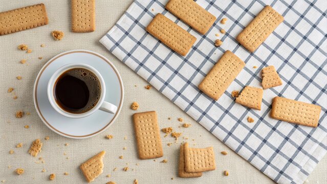 Relaxing snack time with a cup of coffee and biscoito on a checkered tablecloth