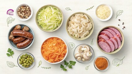 Colorful display of fresh ingredients and toppings arranged for a step by step cooking preparation