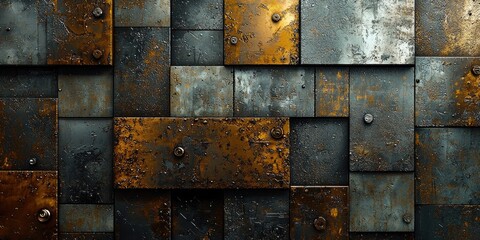 The abstract artwork showcases metal textures with intricate patterns and reflective surfaces, using a mix of polished and matte finishes for a visually engaging composit