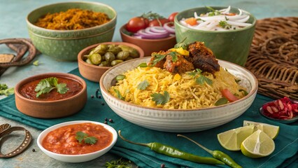 Mauritian biryani spread featuring various flavorful side dishes on a vibrant table setting