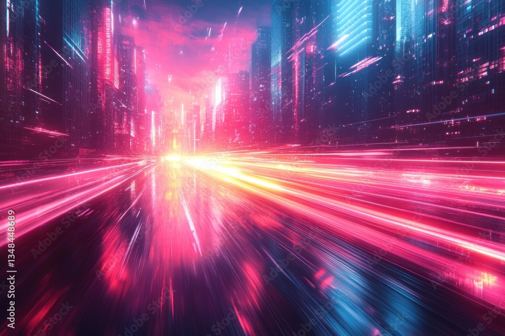 Aufkleber futuristic abstract background with glowing neon wave lines and dynamic bokeh lights in pink and blu
