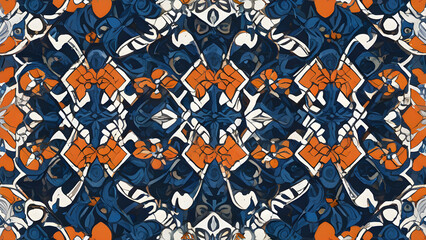 Colorful portuguese azulejo forming seamless pattern with orange and blue floral motifs