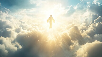 Fototapeta premium Figure Ascending Into Heaven Through Bright Clouds with Golden Light