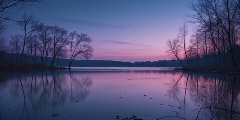 Fototapeta premium Tranquil Lake at Dusk with Bare Trees and Reflections.