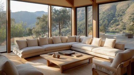 Obraz premium Bright modern living room with mountain views
