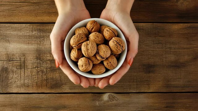 Hands holding a bowl of shelled nuts on a rustic wooden table during natural light