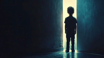 Obraz premium Boy Standing in Doorway with Light Shining Through in a Dark Room