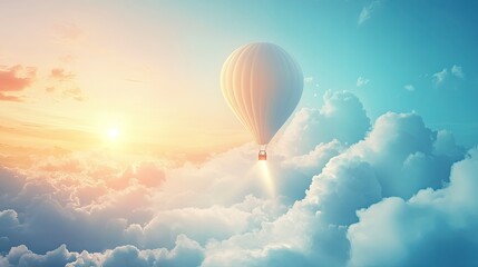 Naklejka premium Hot Air Balloon Floating Above Clouds During Sunrise Journey Image