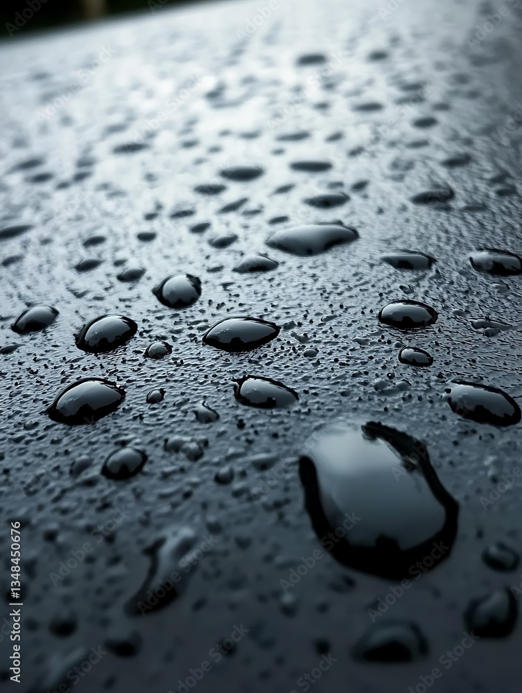Poster Macro shot of water droplets on a dark surface creating abstract texture