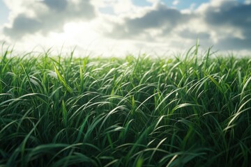 Obraz premium Lush green grass sways gently under a bright sky filled with dynamic clouds at sunset