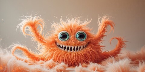 Fototapeta premium Playful Orange Furry Monster with Big Eyes and Sharp Teeth in Whimsical Digital Art Style