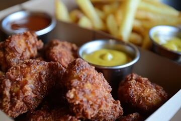Chicken Nuggets (USA) A box of crispy chicken nuggets served with small dipping sauces