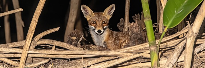 Desert Fox Peeking Through Brush