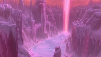 Frozen, vibrant landscape with a glowing waterfall