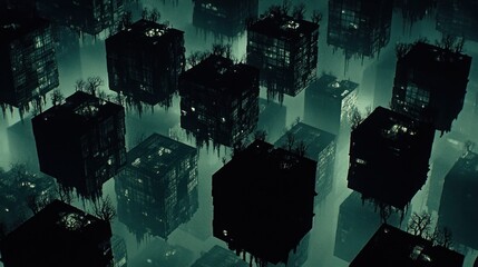 Floating, cube-shaped, abandoned cityscapes, shrouded in mist, ominous atmosphere