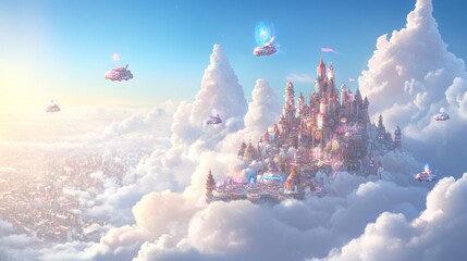 Magical floating city nestled amongst fluffy clouds