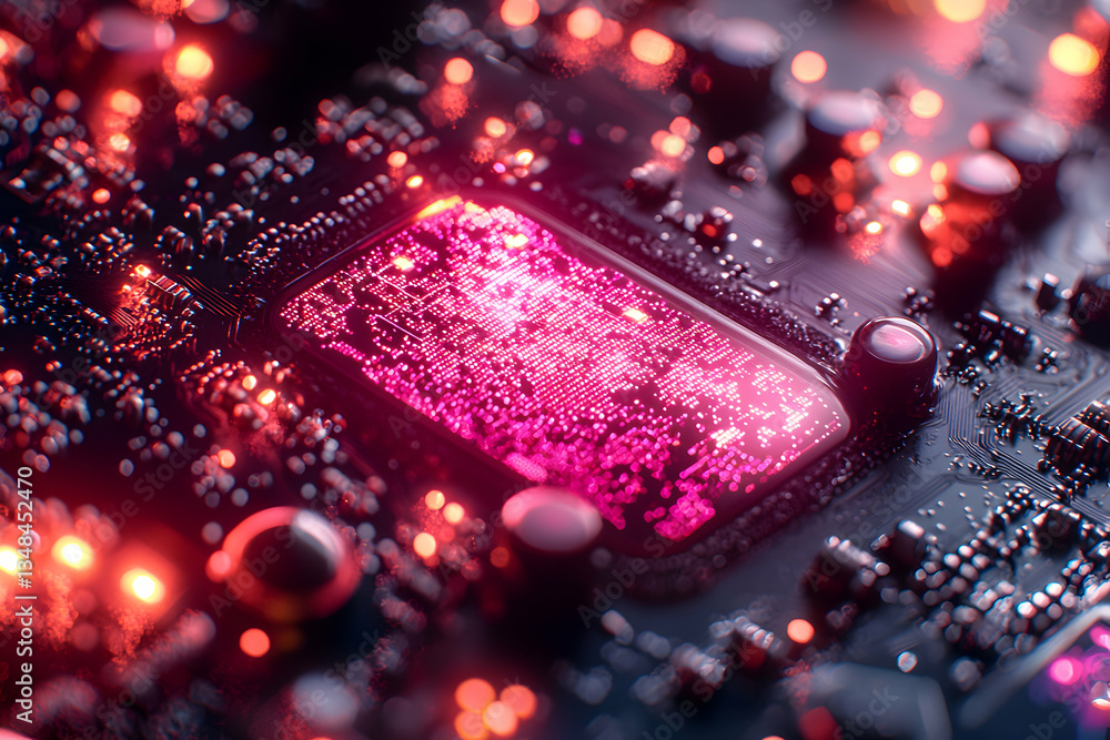 Aufkleber a close-up of a vibrant circuit board pulsing with pink light. ideal for tech backgrounds, presentat