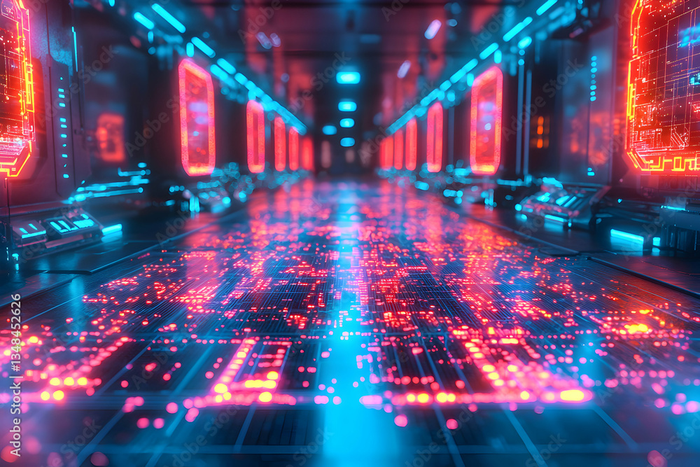 Poster a futuristic corridor with glowing circuit patterns on the floor and walls. ideal for technology, ga
