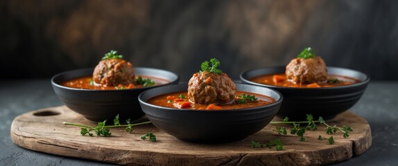 Hearty meatball soup in black bowls on wooden board captures comfort food with fresh herb garnish and dark moody background offering warm invitation