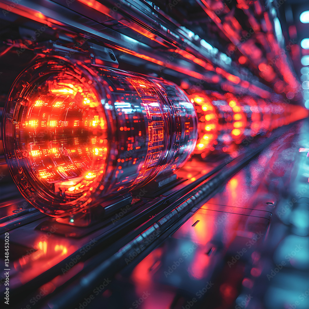 Aufkleber cylindrical servers glow red with intricate circuitry within a futuristic data center. ideal for tec