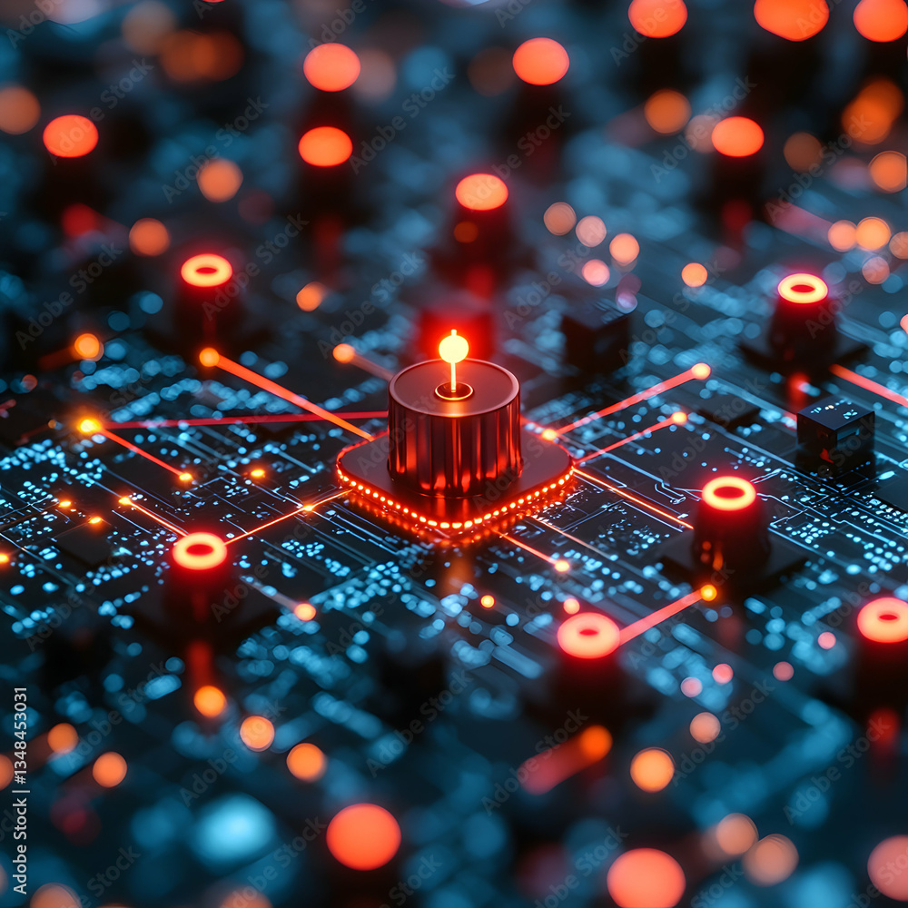 Poster a central processing unit glows on a futuristic circuit board. ideal for technology websites or scie