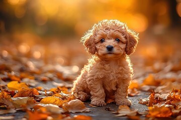 Curly Haired Poodle Puppy Sitting on Pathway in Autumn Leaves