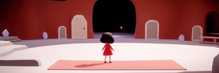 Girl in Red Dress Facing Mysterious Doors in a Colorful, Minimalist Setting