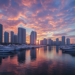 Fototapeta premium Downtown Miami waterfront and marina, buidings and condos at sunset, Florida, United States. 