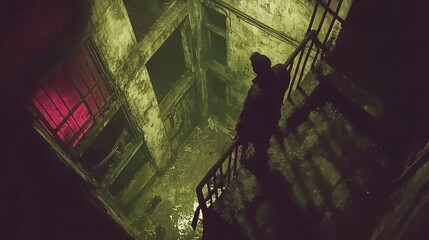 Abandoned, decaying building interior, shadowy figure
