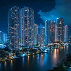 Downtown Miami waterfront, buidings and condos at night, Florida, United States