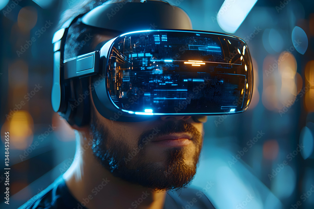 Aufkleber a man wearing vr headset experiences an immersive digital environment. data streams across the visor