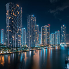 Obraz premium Downtown Miami waterfront, buidings and condos at night, Florida, United States