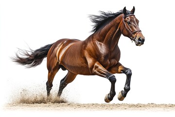 A majestic brown horse with a flowing mane and tail gallops across the sand, creating a dynamic image of power and grace.