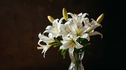 4K bouquet of white lilies in a crystal vase