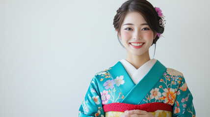 白背景で微笑む青緑色の着物を纏う日本人女性