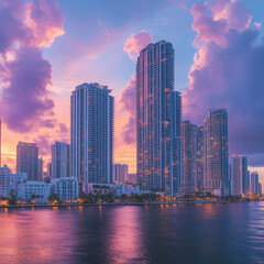 Obraz premium Downtown Miami waterfront, buidings and condos at sunset, Florida, United States. 