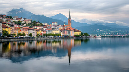 Naklejka premium Colorful Lakeside Townscape With Mountain Backdrop and Mirroring Reflections Under Cloudy Sky
