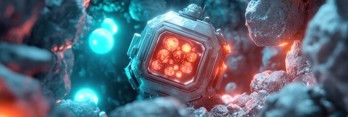 Futuristic energy core amidst cosmic debris