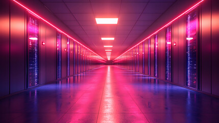 A futuristic server room bathed in vibrant pink and purple neon light. Ideal for technology, cybersecurity, or data center visuals.